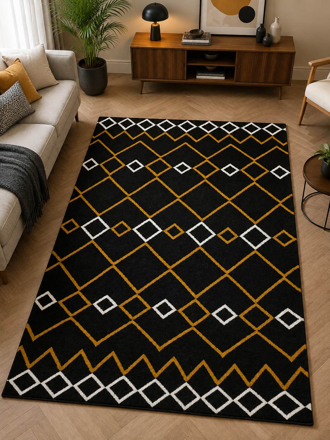 Black & Gold Diamond Grid Area Rug