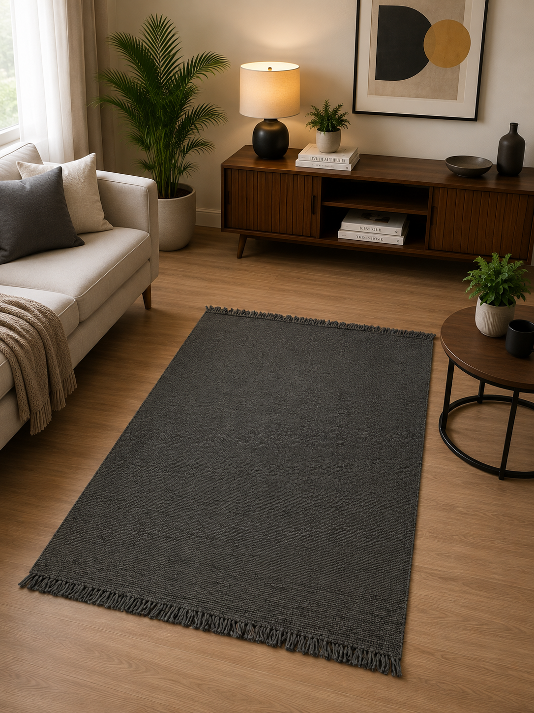 Charcoal Fringed Flatweave Cotton Rug