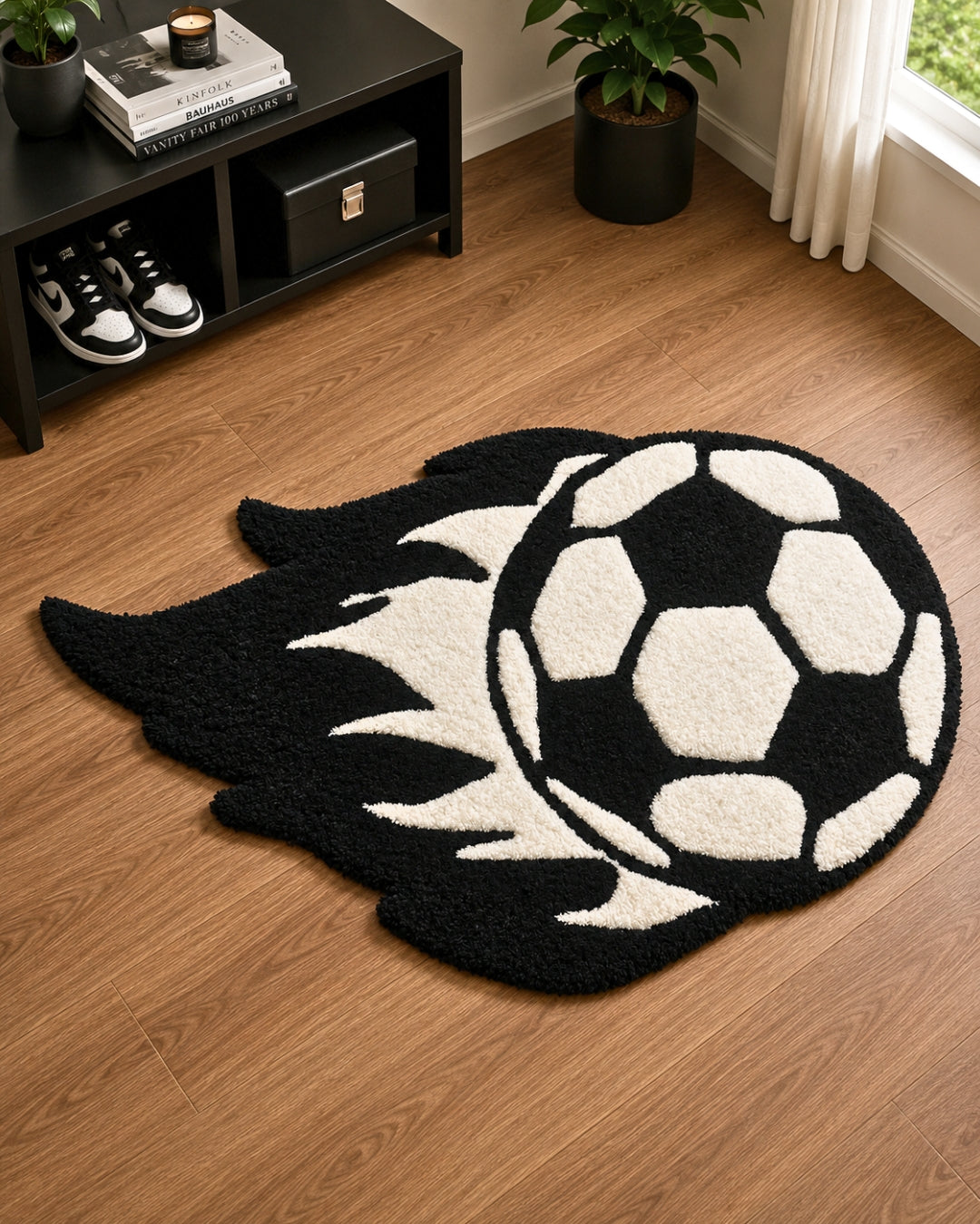 Flaming Soccer Ball Shaped Tufted Rug